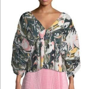 NWT Club Monaco Whitean Pleated Dolman Blouse - Floral Tie-Back - XS